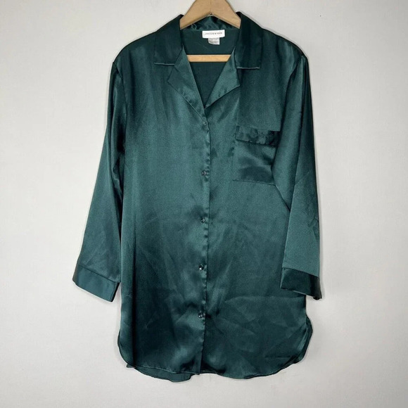 Jones New York Other - Jones New York Satin Dark Green Over side Button Down Mini Short Dress Sz XS Pjs
